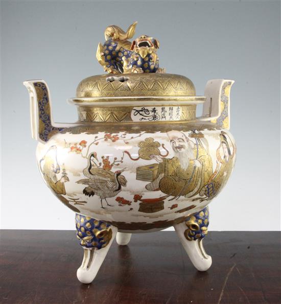 A Japanese Satsuma pottery large koro and cover, signed Gyokuzan, Meiji period, 38cm, slight damage